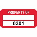 Lustre-Cal PROPERTY OF Label, Polyester Dark Red 1.50in x 0.75in  1 Blank Pad & Serialized 0301-0400, 100PK 253772Pe2Rd0301